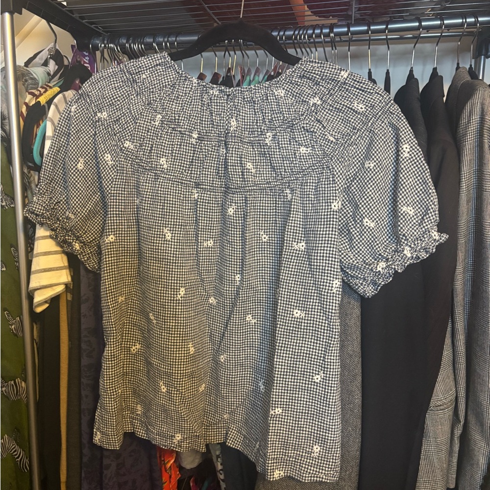 Madewell Black & White Checked Smocked Puff Sleeve Blouse - Picture 2 of 3